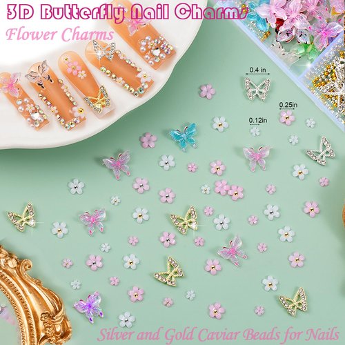 10000pcs Nail Charms and Gems:Pink Cute Bow Heart 3D Flower Charms for Junk Cases kit;Gold Chunky Butterfly Charms for Nails Design,Nail jewels Diamond Rhinestones for Nails;Beads Pearls for Nails Art