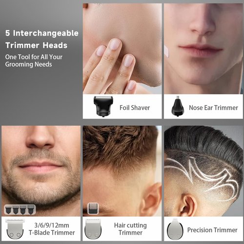 RUIBO Beard Trimmer for Men, 5-in-1 Cordless Hair Clipper Kit with Foil Razor, Waterproof Body, Nose & Ear Groomer, Precision Trimming for Beard, Hair & Body Care (Gray)