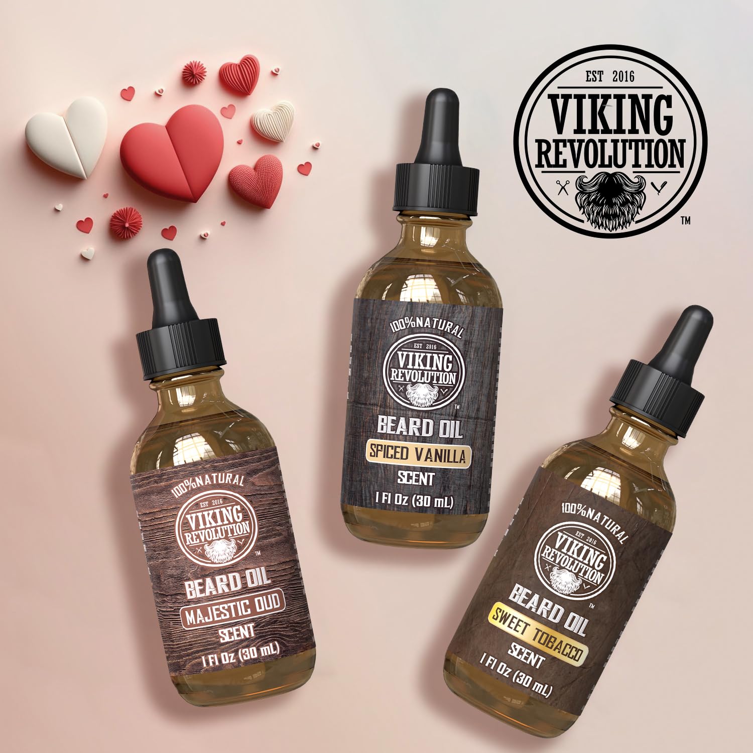 Viking Revolution Beard Oil for Men 3 Pack - Natural Mens Beard Oil Variety Set - Spiced Vanilla, Sweet Tobacco, Majestic Oud - Beard Conditioning and Moisturizing for a Healthy Beard (3 Pack, 1oz)