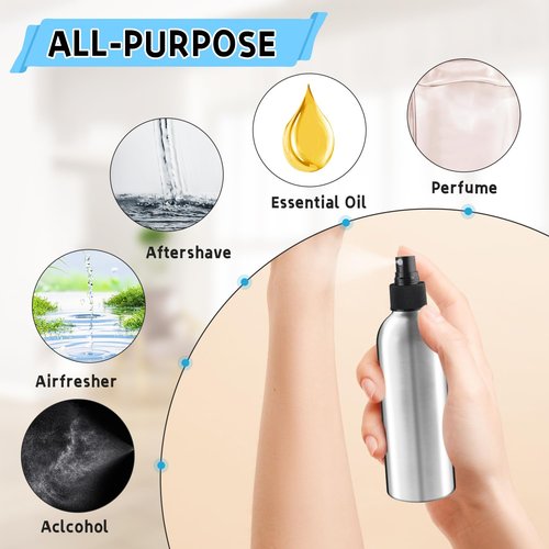 BOSMIOW 5 Pack 150ml/5oz Empty Aluminum Spray Bottles,Metal Fine Mist Sprayer,Refillable Cosmetic Atomizer Set with Lids for Cosmetic,Perfume,Face Spray,Air Freshener,Cleaning,Gardening