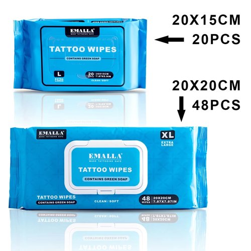 Emalla Green Soap Tattoo Wipes, 100 Count L All in One Premium Cleaning Wipes to Clean Skin During Tattooing and Aftercare 7.87"x5.9" Natural Formula Tattoo Supplies (5 Pack)