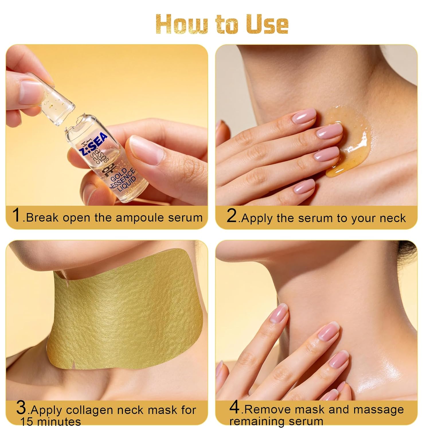 Z:SEA Collagen Cream Neck Mask & 98% Real Gold Serum Set - 2-Step Anti-Aging Solution for Crepey Skin | Firming, Lifting, Hydrating, 5Ct