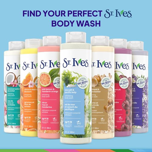 St. Ives Body Wash, Sea Salt & Pacific Kelp Exfoliating Shower Gel 2-Pack, 100% Natural Extracts, Cruelty-Free, 22 Oz Ea