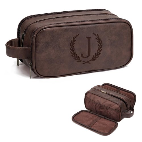 Janhavi Personalized Toiletry Bag for Men, Gifts for Boyfriend, Toiletry Bag For Shower Caddy,Personalized Initials & Wheat Mens Toiletry Travel Bag Travel Essentials for Men(Medium, Dark Brown, J)