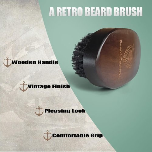 Beard Captain 100% Boar Bristle Beard Brush for Man – Retro Wooden Handle, Promotes Beards Growth & Softens, Travel Size