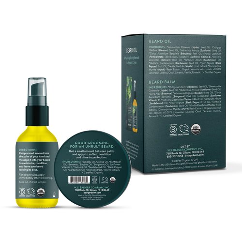 Badger Beard Grooming Kit, Organic Beard Oil Bottle + Organic Beard Balm Tin, Subtle Masculine Scent, Organic Mens Beard Care for Healthy Beard Growth, 2-Pack