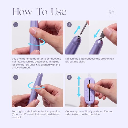 Five Angeles Electric Nail Drill for Acrylic Dip Powder & Gel Nail Art,USB E-file Machine for Beginners,Unique Stepless Adjustable Speed Control Electrical Nail Filer,Tungsten Steel Drill Bit