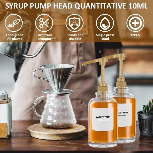 BXUYAOXMC 8Pcs Coffee Syrup Pump for Torani & Skinny Syrup Bottles, 750ml Reusable Pump Dispenser, No Drip Leak Proof Syrup Pump with 2 Spoons & Brush, Gold Replacement for Coffee Bar, Tea, Soda