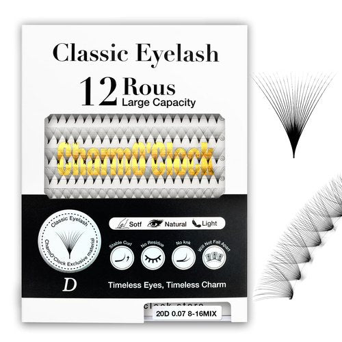 CharmO'clock 20D Mega Volume Lash Extensions 0.07mm Thickness 8-16mm Mixed Length Premium Eyelash Extension Super Matte Black Finish For Elite Volume Specialists(20D 0.07 8-16mm)