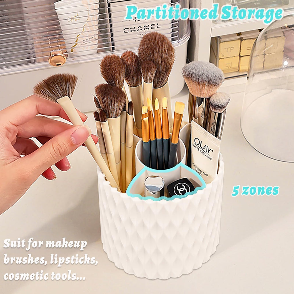 VNIMTI 360°Smooth Rotating Makeup Brush Holder with Dustproof Lid Spinning Vanity Organizer for Beauty Lipstick Perfume,Brushes Storage Container,Countertop,Dressing Table,Bathroom Desk (White)