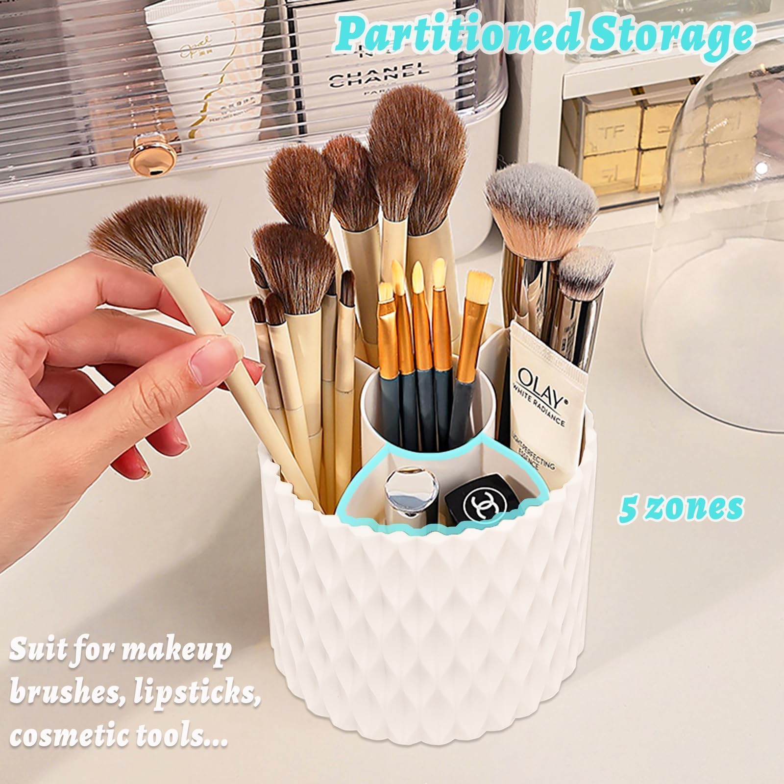 VNIMTI 360°Smooth Rotating Makeup Brush Holder with Dustproof Lid Spinning Vanity Organizer for Beauty Lipstick Perfume,Brushes Storage Container,Countertop,Dressing Table,Bathroom Desk (White)