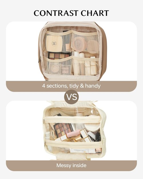 EACHY Toiletry Bag with Hanging Hook, Travel Makeup Bag PU Leather Cosmetic Bags for Women Make Up Organizer with 4 Compartments Waterproof Full-Size Portable Travel Essentials (Etoupe Grey-Pro)