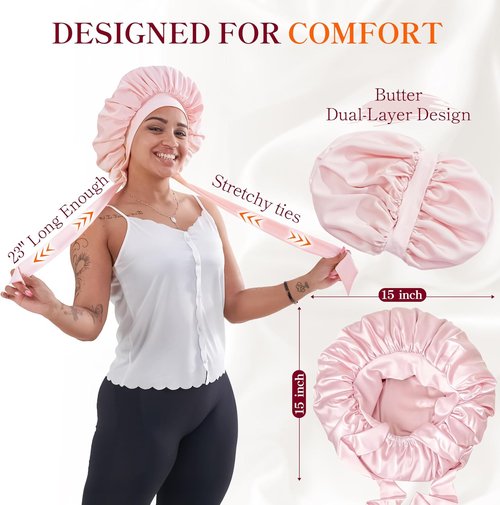 Skiennix Silk Satin Bonnet Hair Wrap - Adjustable Double Layer Night Cover for Curly Hair