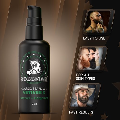 Bossman Organic Mustache & Beard Oil for Men, 2 oz – Natural Beard Moisturizer with Jojoba, Argan & Avocado Oils (Vetiver X Scent)