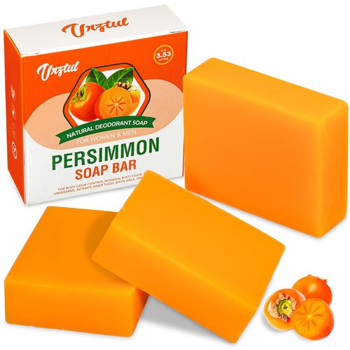URZTUL 3 PCS Persimmon Soap Bar for Body Odor Control, Natural Deodorizing Soap for Eliminating Strong Smell, Handmade Bar Soap Deodorant Smooth Skin Deeply Cleansing