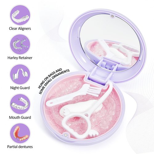Gaboolo Retainer Case with Mirror and Lanyard,Slim Aligner Case with Vent Holes,Cute Dental Brace Box with Retainer Removal Tool and Brush (Purple Pink with Lanyard)