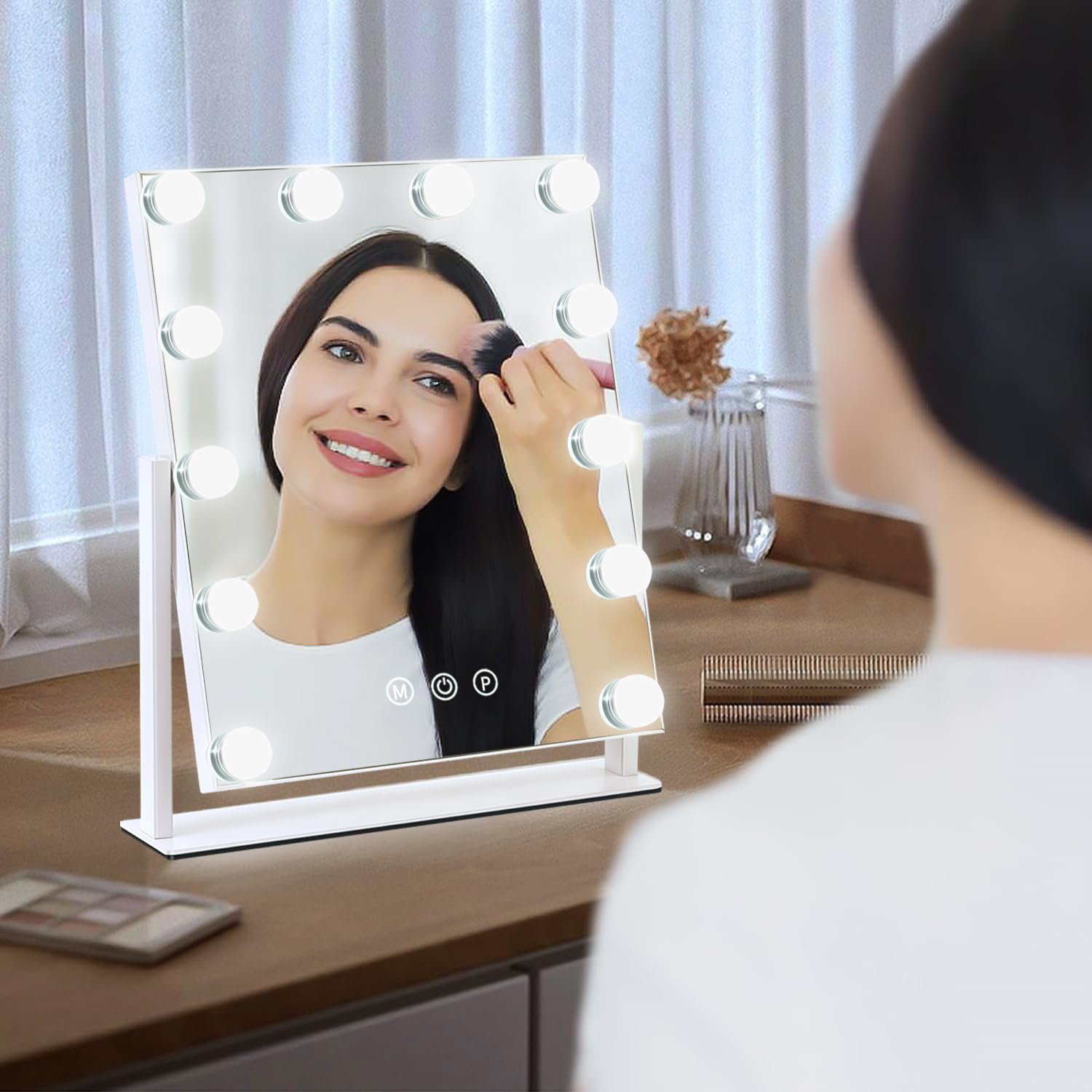 ZBOCAI Vanity Mirror with Lights, 13'' x 11'' Lighted Makeup Mirror for Desk, Hollywood Mirror with 12 Dimmable Bulbs, 3 Color Modes, Smart Touch Control, 360°Rotation, Gifts for Mothers Day, Girls