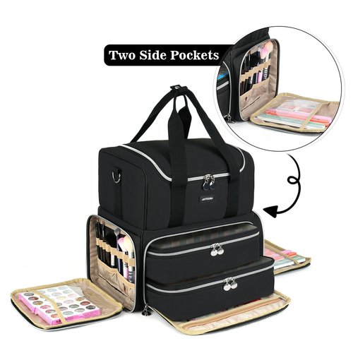 Extra Large Nail Polish Organizer Case Holds 80 Bottles & UV Lamp, Nail Organizers and Storage with 2 Removable Pouches, Travel Nail Supplies Carrying Bag for Nail Art Tech & Manicure Tools,Black