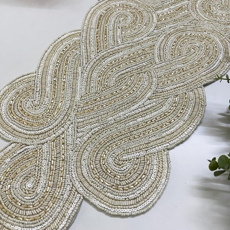 Pearl White Handmade Beaded Table Runner 13x36 Inch for Holiday & Party Decor