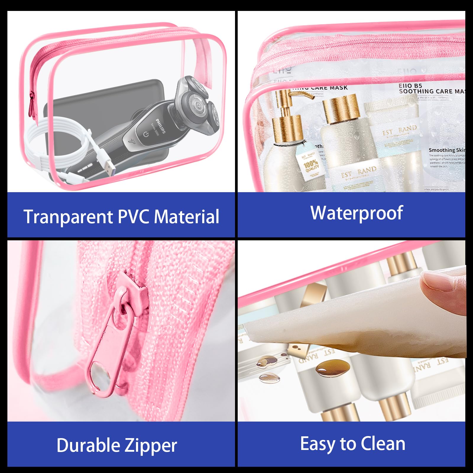 YedsIntu 16-Piece Makeup Bags, Waterproof Toiletry Bag Carry Pouch Portable Cosmetic Bag PVCTravel Clear Pouches Carry-on Travel Essentials Transparent Storage Organizer Bag (Rose Pink-M)