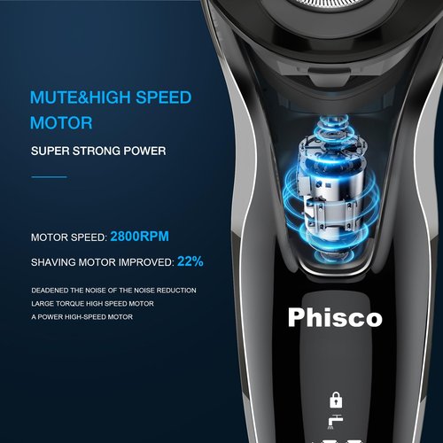 Electric Razor for Men - Phisco Electric Shavers for Man Face, USB Rechargeable, Waterproof Wet Dry Razors with Pop-Up Trimmer, LED Display, Travel Lock