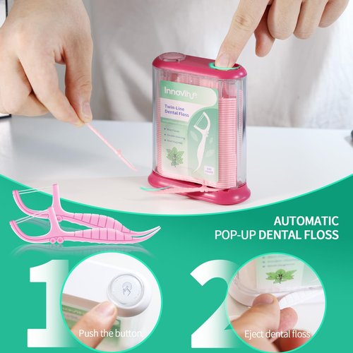 Innovihue Pink Push-Pop Dental Floss Picks Dispenser with 200-Count Refill Container, Twin-Line Mint Flossers (300 Total), Portable Oral Care for Home, Office, Travel