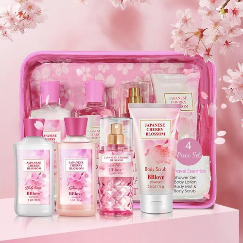 Beautifier Life Bath and Body Gift Set for Women and Girls,Japanese Cherry Blossom,4PCS Set for-Shower Gel,Body Lotion,Body Mist,Exfoliating Scrub,Body Care Travel Set for Birthday Mother's Day Gifts