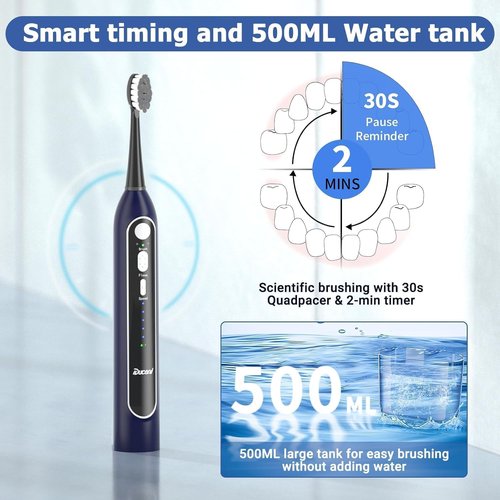Electric Toothbrush with Water Flossers for Adults, Upgrade 2.0 Flossing Toothbrush Combo, 5 Floss Speeds&3 Brush Modes, 500mL Tank, 30-Day Battery, for Adults & Teens, Gums, Braces, Dental Care,Blue