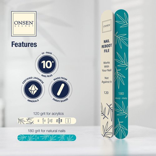 Onsen Secret Japanese Nail File - Professional 10-Pack Nail Files, Double Sided Natural & Acrylic Filers - 120/180 Grit - Disposable, Salon Smooth | Best Onsen File for Shiny Nails