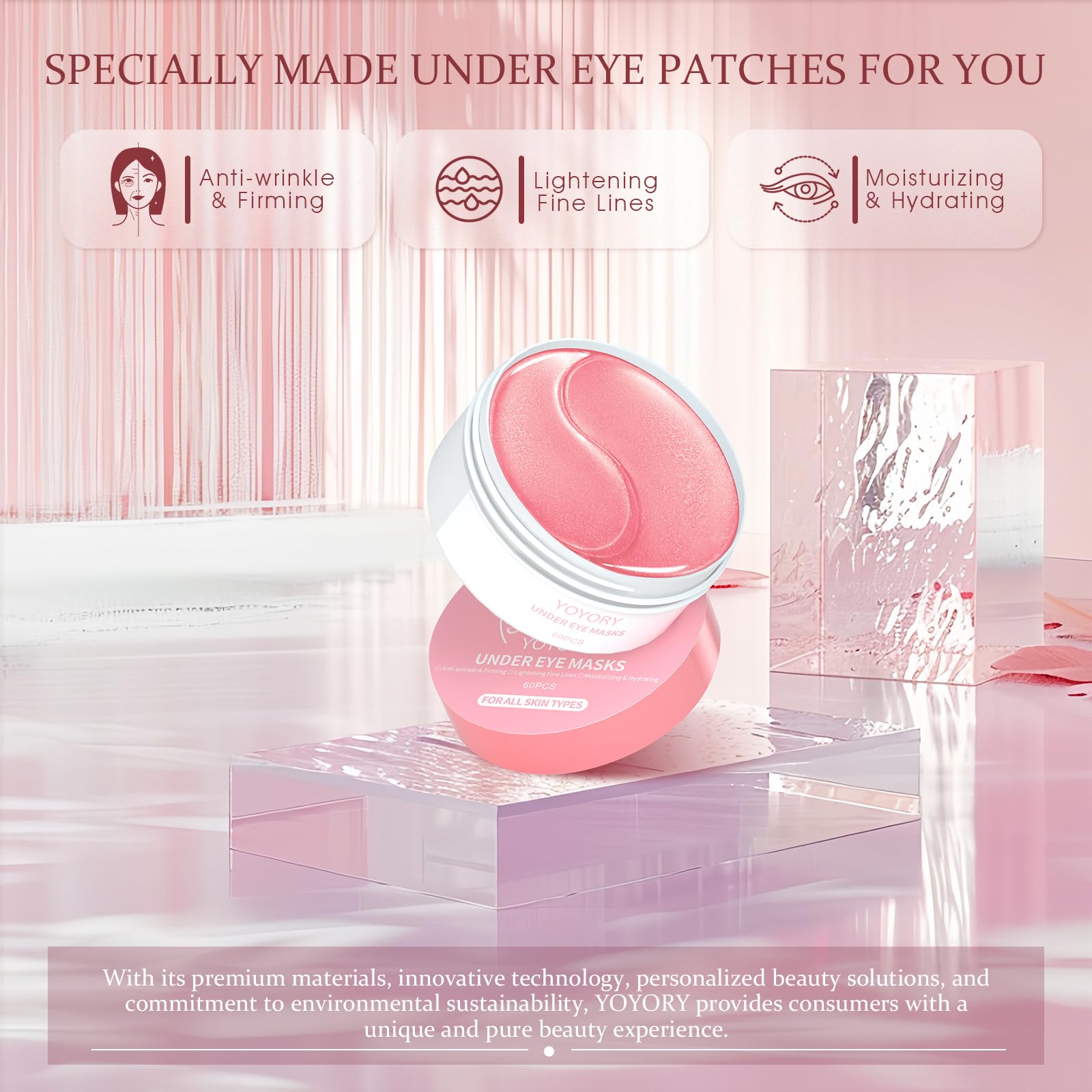 YOYORY Under Eye Patches Masks - for Fine Lines with Collagen and Hyaluronic Acid, Dark Circles,Eye bags,and Fade Wrinkles, puffiness Smoothing Skin Care Treatment for Women and Men, (60 Pcs) Pink