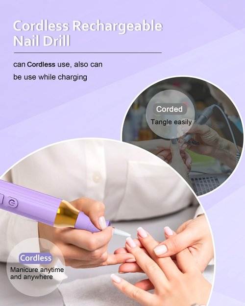 DEEHENK Nail Drill,Cordless Electric Files for Gel Nails E-File Manicure Kit Women Rechargeable Cordless Drill para Uñas Profesional Machine Grinder Acrylic Purple