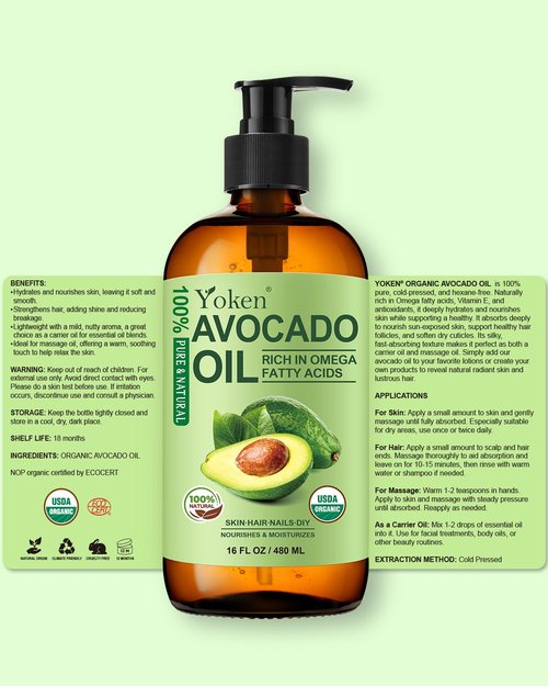 USDA Organic Avocado Oil Cold Pressed 16oz Glass Bottle - Moisturizing Unscented Body oil for Dry Scalp, Hair & Skin Hydrating,Non Greasy Carrier oils for Essential Oils Mixing,, aceite para cabello