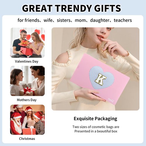 MSQ Initial Makeup Bags 2PCS Cosmetic Bag for Travel Toiletry, Birthday Gifts for Girls Girlfriend Teen Teacher Mom, Trendy Stuff Toiletry Bag, Blue K