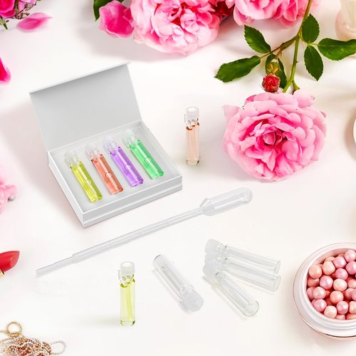 Mezchi 200Pcs Mini 1ml Clear Glass Perfume Sample Bottles with 5 Droppers, Empty Refillable Cologne Decant Bottles, Travel Tester Vials for Fragrance, Essential Oils, DIY Liquids