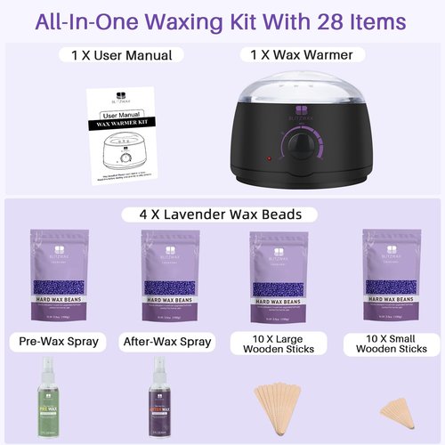BLITZWAX Brazilian and Bikini Waxing Kit for Women, Hard Wax Warmer for Face, Legs, and Body, At Home Hair Removal Kit, Beginner Friendly, Quick Heating, 28 Accessories