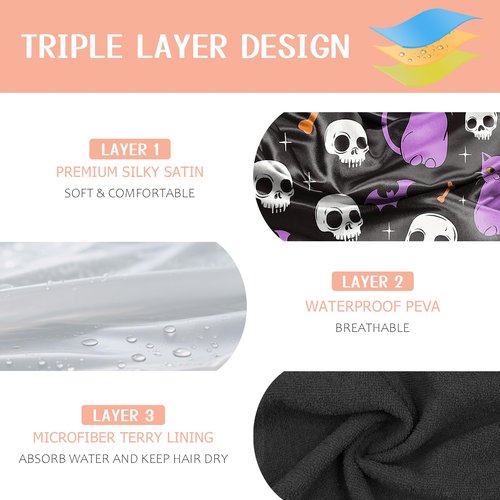 BHAHB Luxury Shower Cap Reusable Terry Cloth Lined EVA Triple Waterproof Layer Elastic Hair Bath Caps for Women Girls Cute-Cat