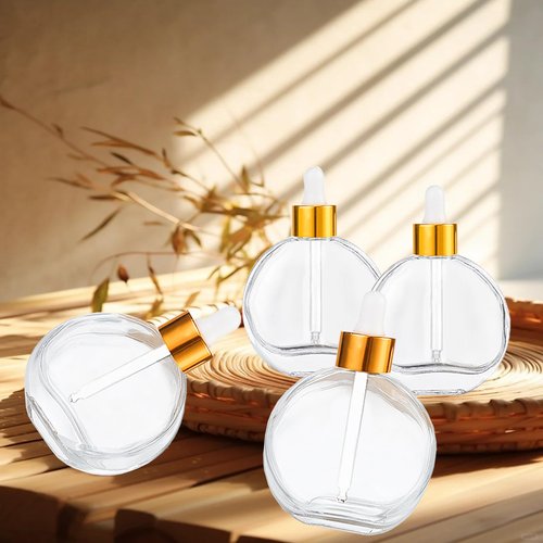 AGENIZ Clear Dropper Bottles 2 OZ 6 Pcs Transparent Round Flat Glass Bottles with Eye Dropper, for Perfume Serums Hair Oils and other liquids (Clear-Gold Lids, 2 OZ)