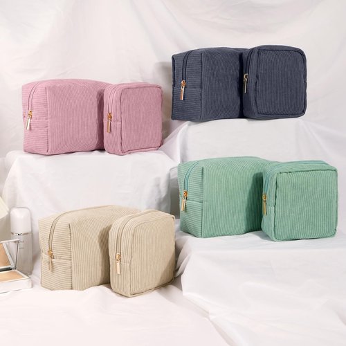 MAGEFY Makeup Bag 2 Pcs Corduroy Cosmetic Bag Small Makeup Bags for Women Travel Pouch with Slip-in Pockets（Beige）