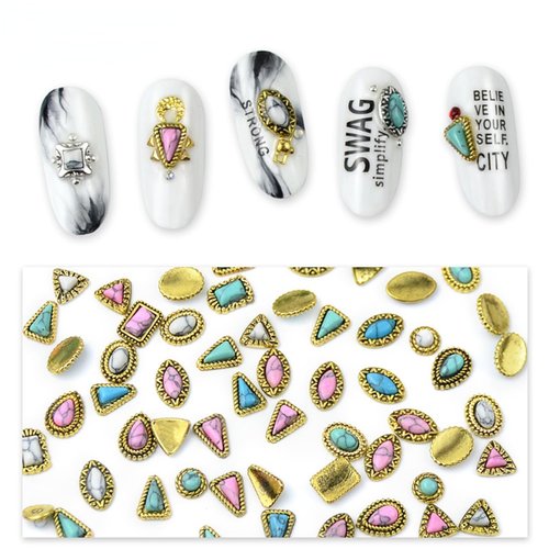 SIXAOAZZ 60 Piece Set of Turquoise Gemstone Pendants - 3D Nail Accessories with Hollowed Out Design, Vintage Pendants Suitable for DIY and Western Nail Art, Blue