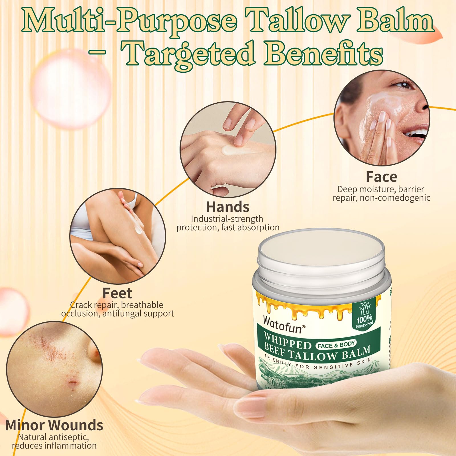 Whipped Beef Tallow Balm for Skin - 100% Organic Grass-Fed Tallow & Honey Body Butter, Infused with Olive Oil to Nourish, Soothe & Repair Dry, Cracked, Sensitive Skin- Natural Deep Moisturizer 4 OZ