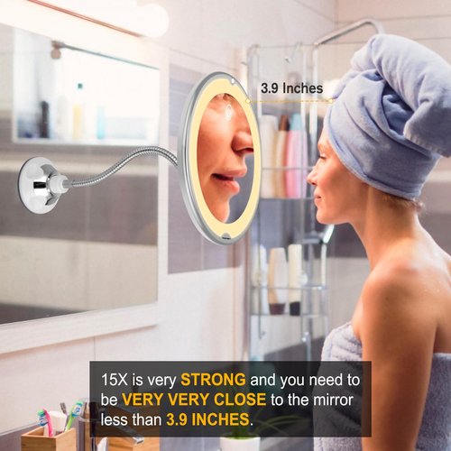 TOPVIRT Flexible 15X Magnifying Suction Mirror - Dimmable LED Vanity Mirror, Power Suction Cup, Portable for Home Bathroom - Ideal for Detailed Makeup Eyeshadow Eyeliner (Large)