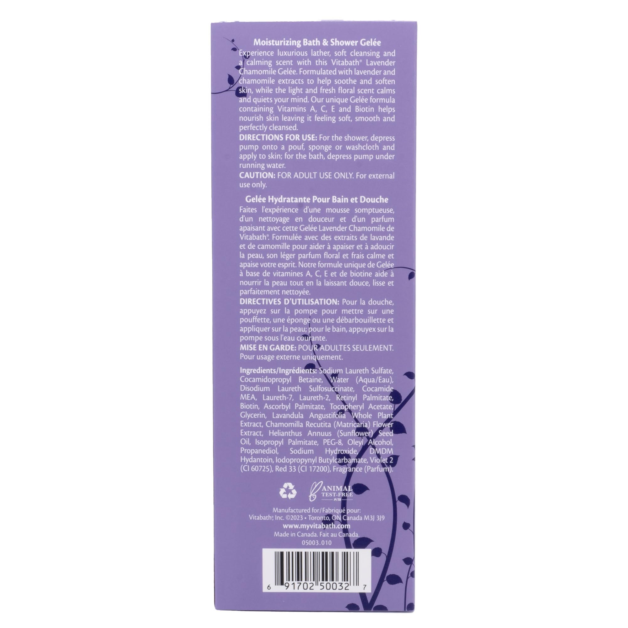 Vitabath Lavender Chamomile Moisturizing Bath & Shower Gel Wash Calming & Hydrating Botanical Skin-Softening Skincare, Body Cleanser & Foaming Gelee - 21 oz
