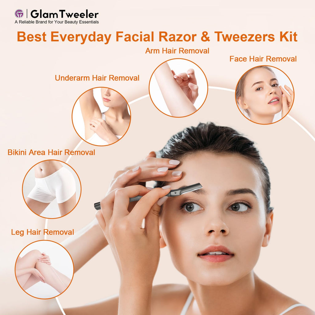 Women's Dermaplane Face & Eyebrow Razor Kit with GlamTweeler Slant Tweezers, Spoolie Brush, and Luxury Leather Storage & Travel Case + 10 Refill Blades (Black)