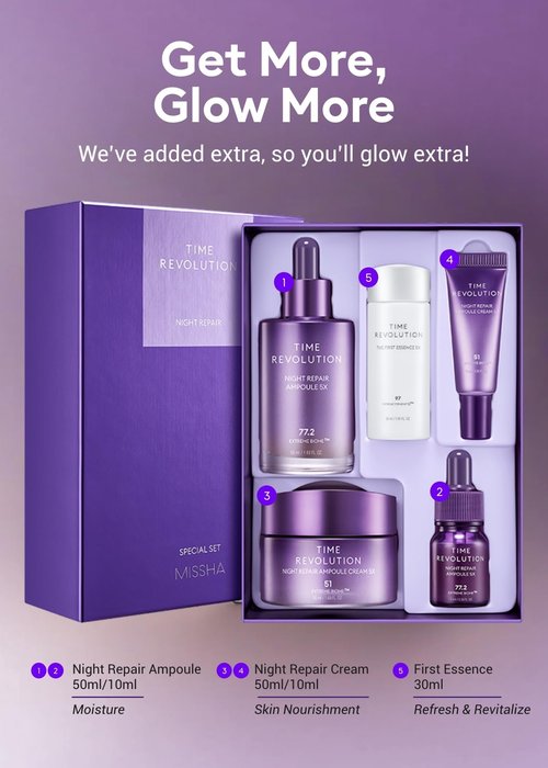 MISSHA Time Revolution Night Repair 5X Gift Set Night Repair Ampoule and Cream 5X, The First Essence 5X for Youthful, Glass Skin, Korean Skin Care valentines day gifts for her