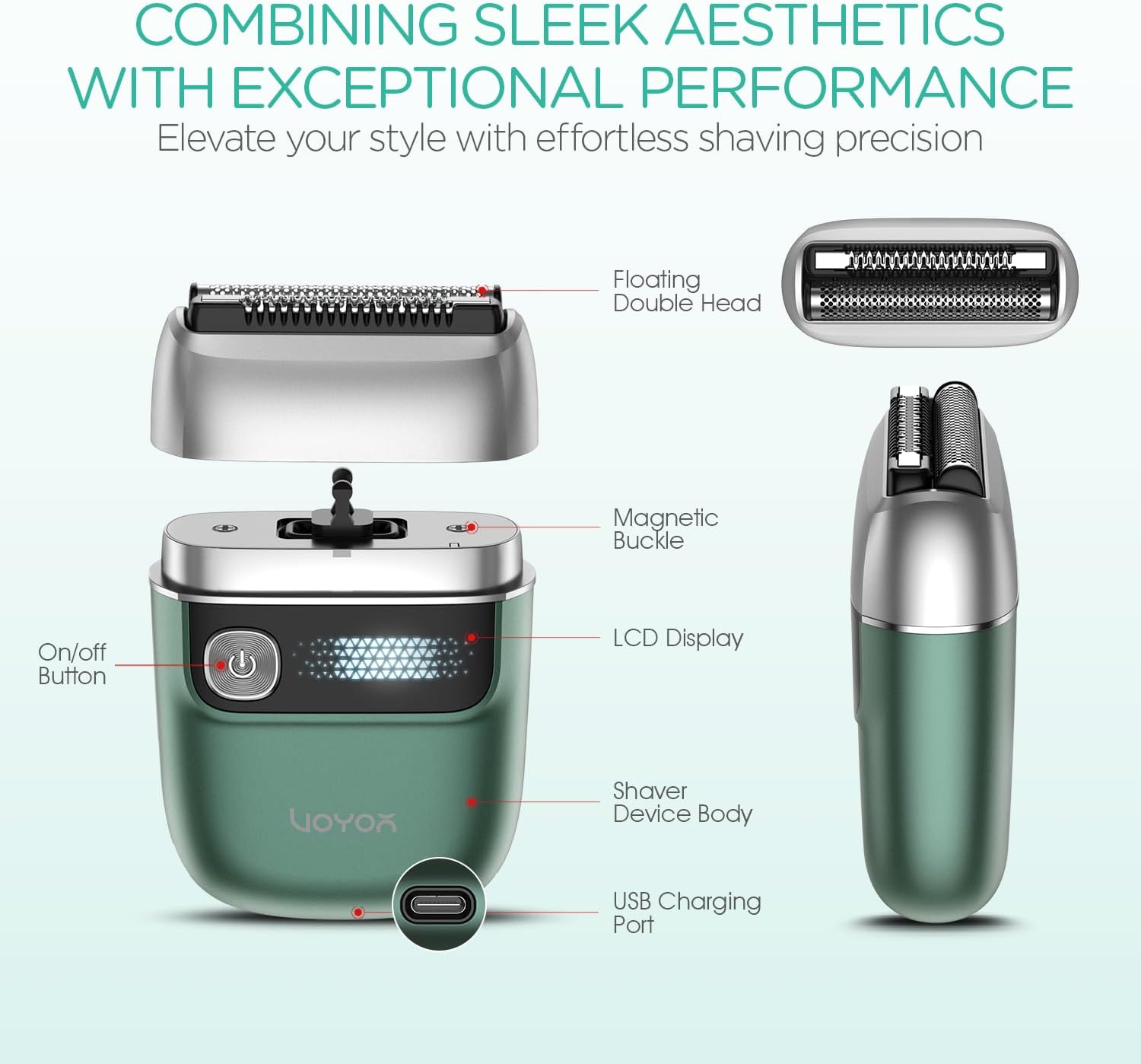 VOYOR Foil Shaver - 2 in 1 Portable Electric Razor for Men | Rechargeable & Washable ER300 (Green)