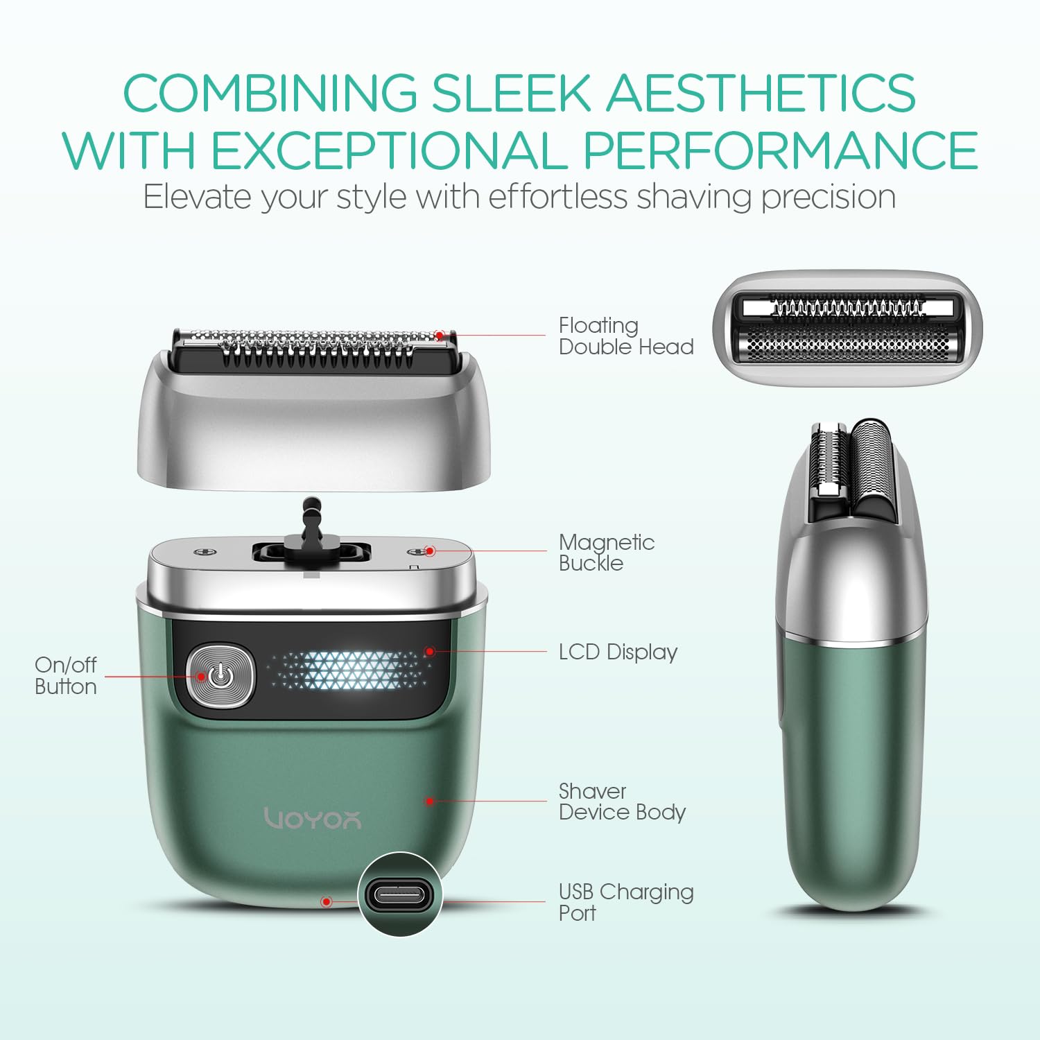 VOYOR Foil Shaver 2 in 1 Double Shavers for Men,Portable Electric Razor with Rechargeable Foil Razor Multifunction Grooming Barber Shaver IPX6 Washable Travel Shavers ER300 (Green)