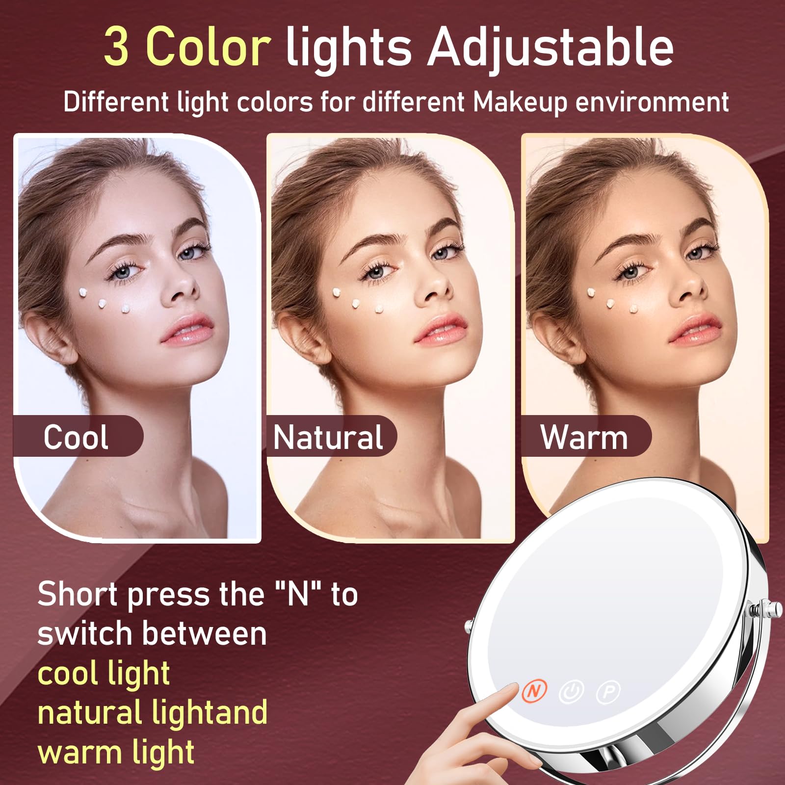 WOOCICA Vanity Mirror with Lights, 9'' Lighted Makeup Mirror, 1X/20X Double Sided Magnifying Mirror, 5000mAh Rechargeable, 3 Color Dimmable LED, 360° Rotation Desk Mirror for Makeup & Skincare