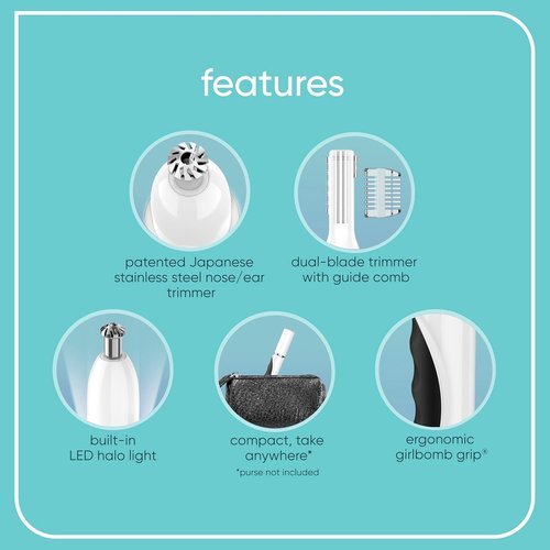 Conair GIRLBOMB Nose Hair Trimmer - Battery-Operated Face Hair Removal for Women | Diamond-Shaped Blade & LED Light