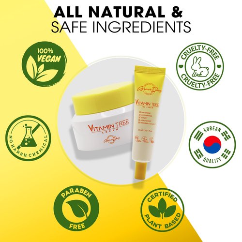 100% Certified Vegan Vitamin Tree Cream. Contains Vitamin C, Provitamin B5, vitamin E & B3. Effective Against Acne & Dark Spots and Sun Damage. Anti-Aging, Anti-Wrinkle Day and Night Cream with Natural Ingredients. 1,69 oz – Made in Korea (Face Cream)