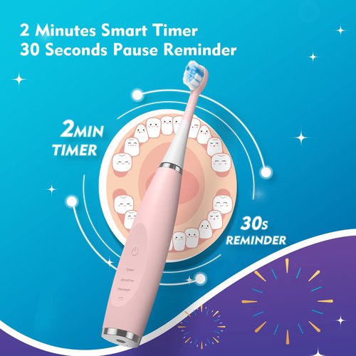 FUMEIKANG Kids Electric Toothbrushes 2 Pack Smart Sonic Toothbrush for Boys and Girls 3 4 5 6 7 8 9 10 11 12 (Blue+Pink, 2 Pack)